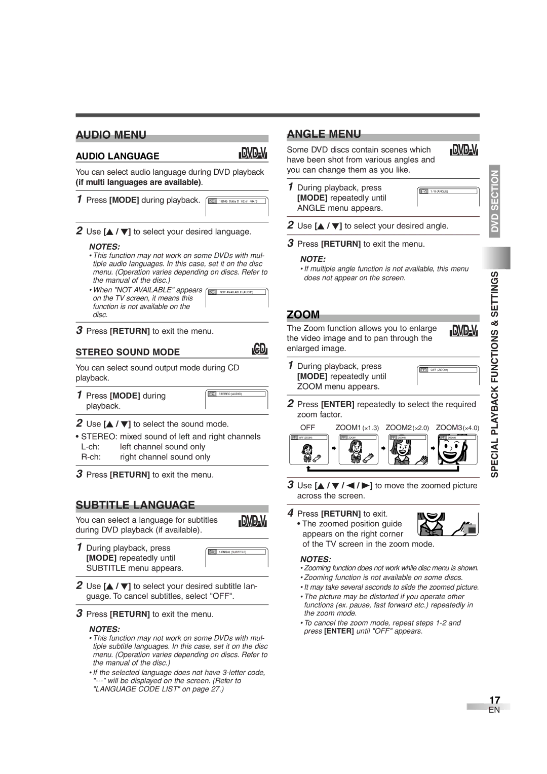 FUNAI MWC13D6 owner manual Audio Menu, Subtitle Language, Angle Menu, Zoom 