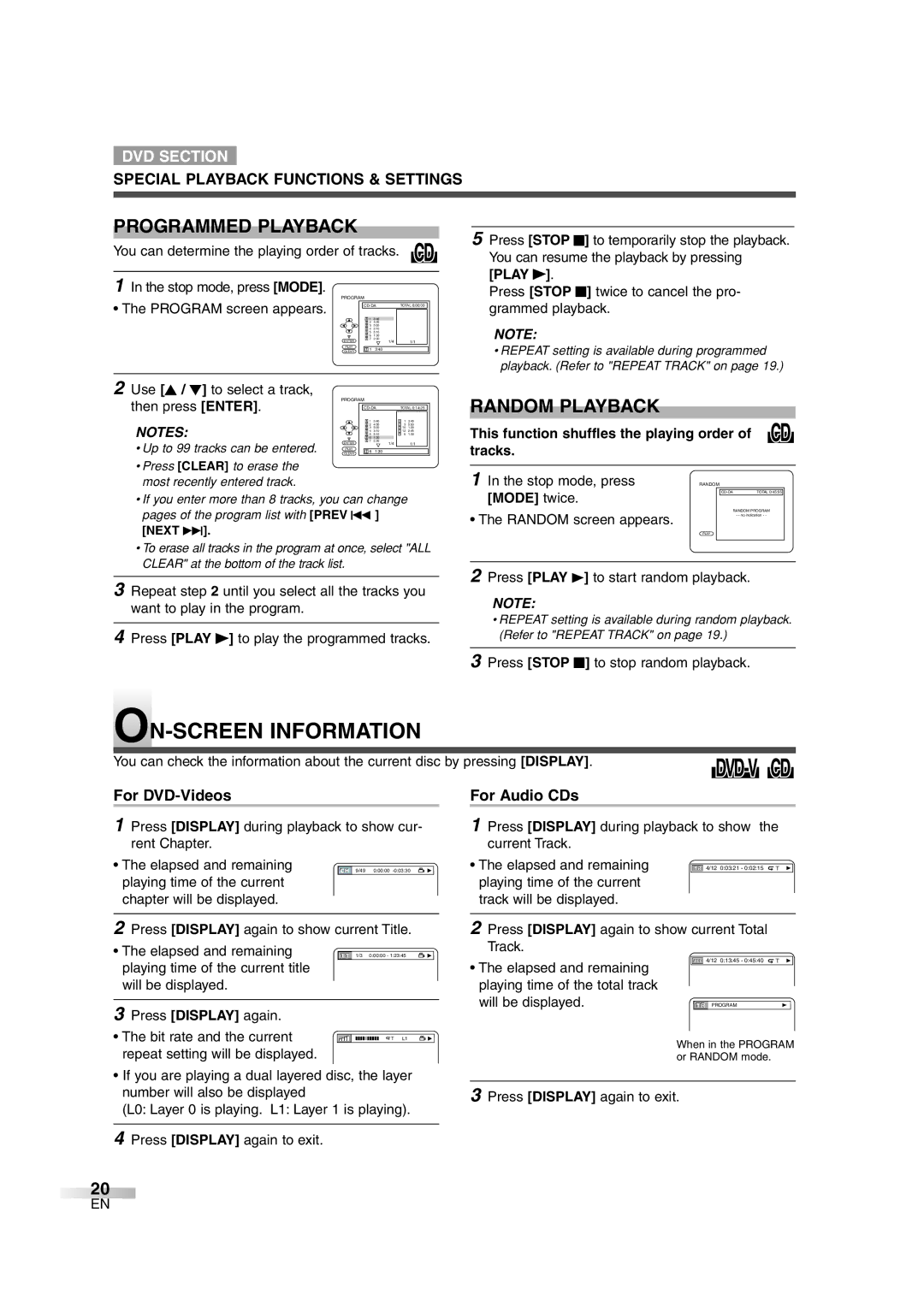 FUNAI MWC13D6 owner manual ON-SCREEN Information, Programmed Playback, Random Playback, Mode twice 