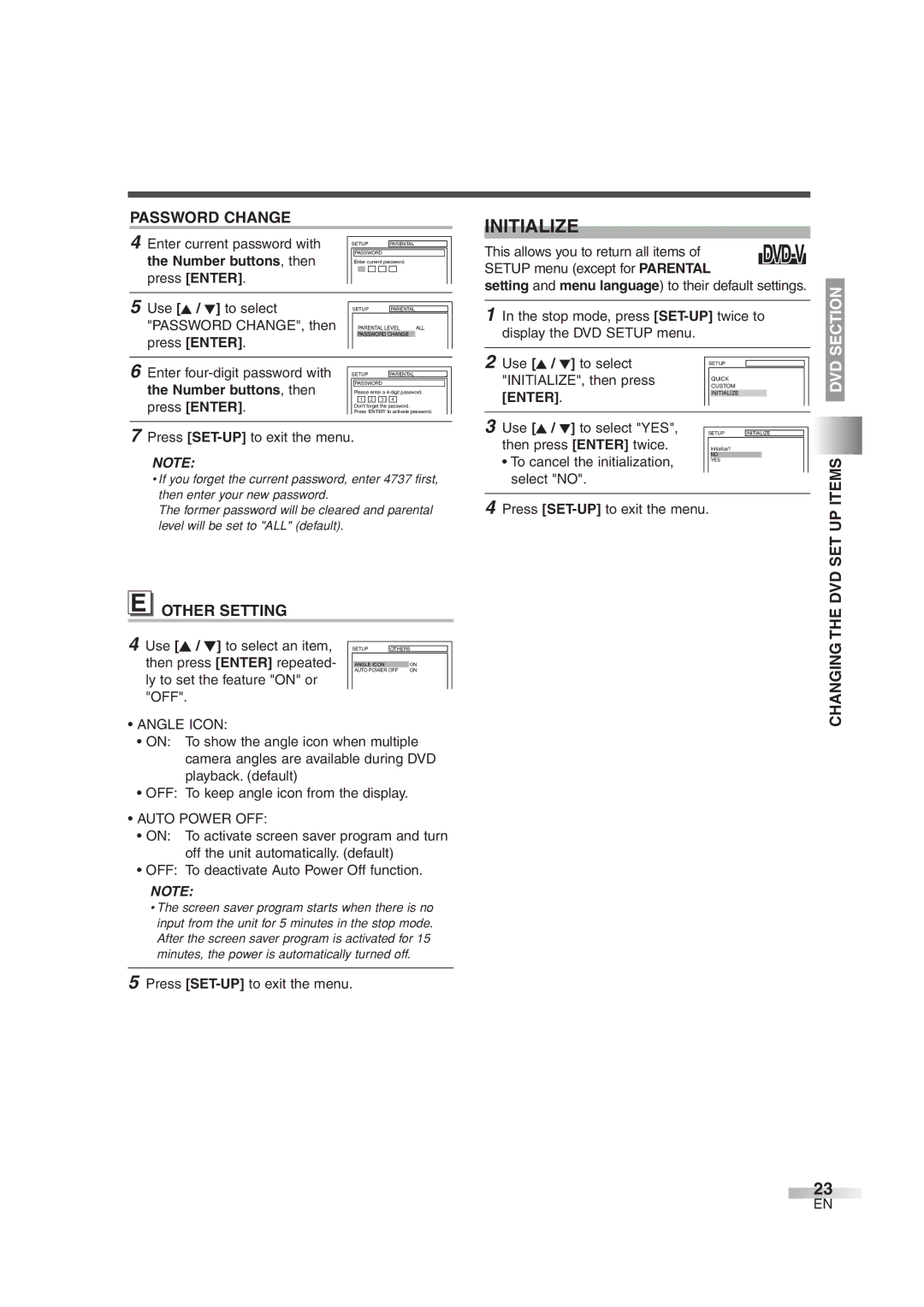 FUNAI MWC13D6 owner manual Initialize, Password Change, Other Setting, Changing the DVD SET UP Items, Number buttons , then 