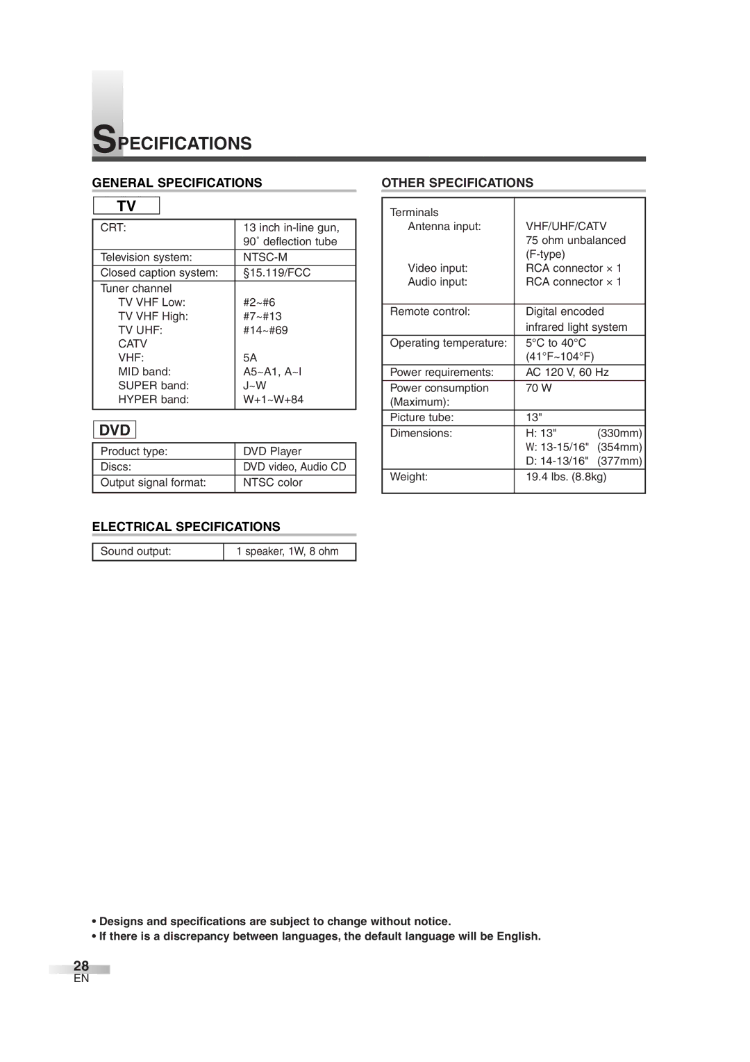 FUNAI MWC13D6 owner manual Dvd, General Specifications, Other Specifications, Electrical Specifications 