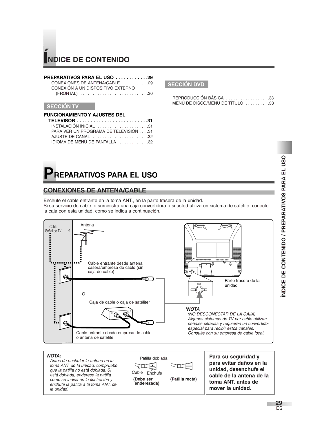 FUNAI MWC13D6 owner manual Índice DE Contenido, Preparativos Para EL USO, Conexiones DE ANTENA/CABLE 