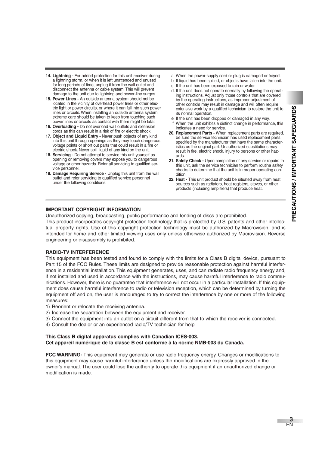 FUNAI MWC13D6 owner manual Precautions / Important Safeguards, Important Copyright Information, RADIO-TV Interference 