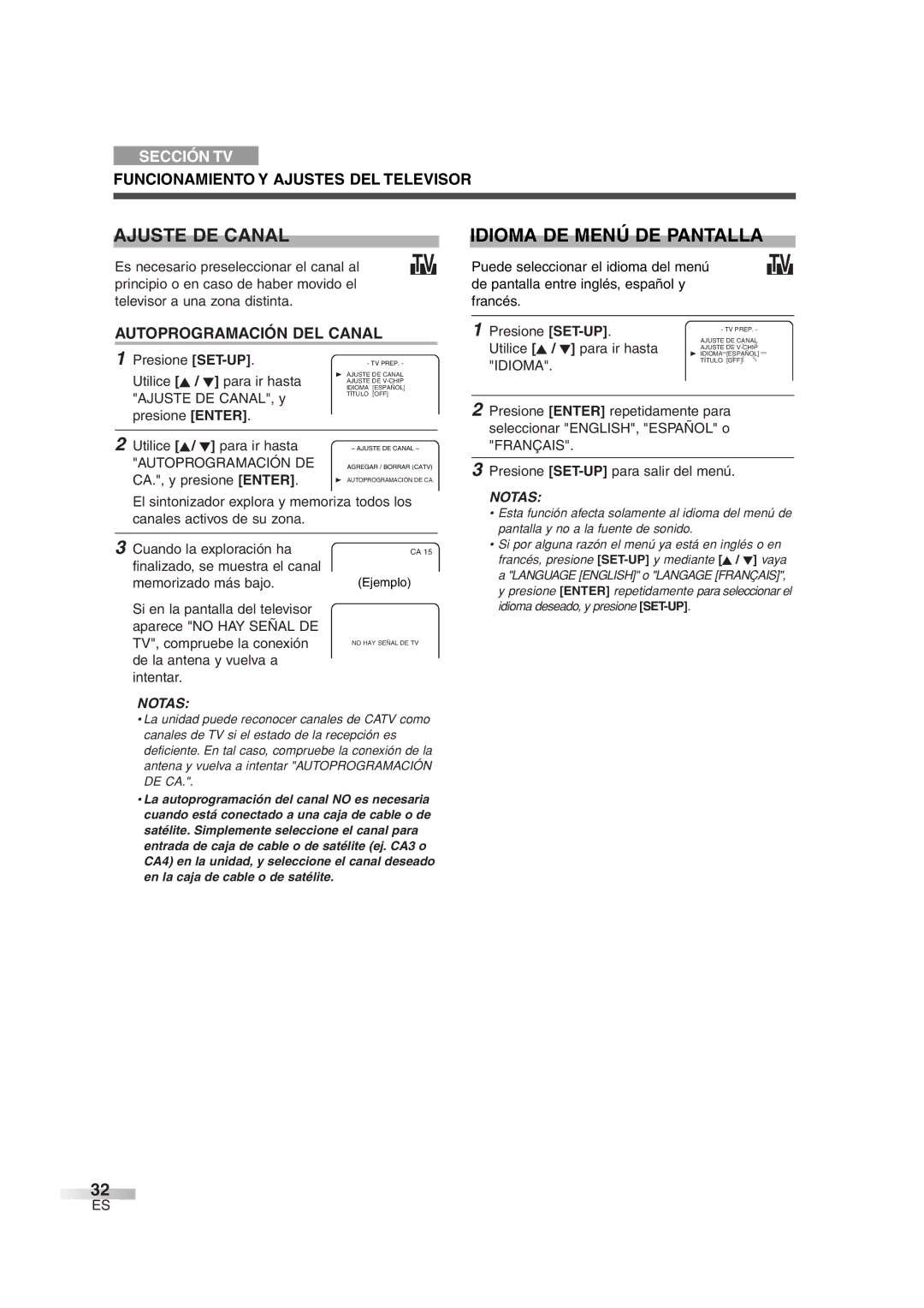 FUNAI MWC13D6 owner manual Ajuste DE Canal, Idioma DE Menú DE Pantalla, Funcionamiento Y Ajustes DEL Televisor 