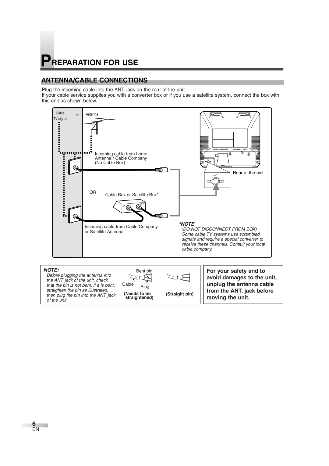 FUNAI MWC13D6 owner manual Preparation for USE, ANTENNA/CABLE Connections 