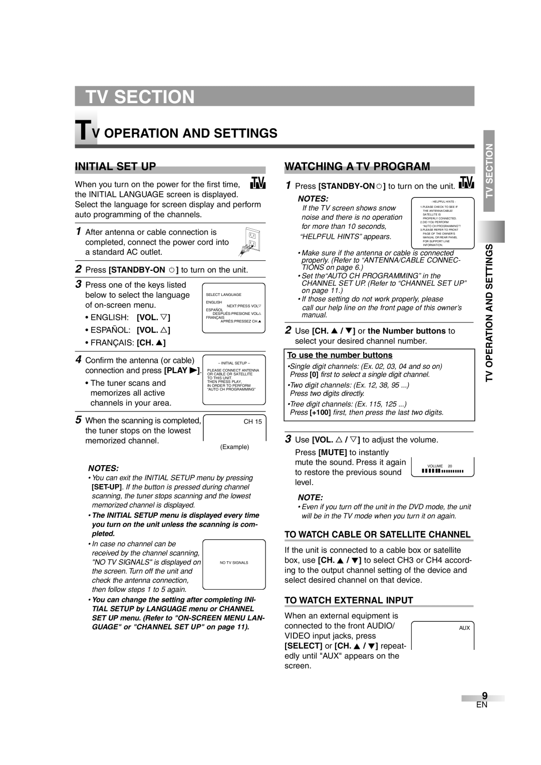 FUNAI MWC13D6 owner manual TV Operation and Settings, Initial SET UP, Watching a TV Program 