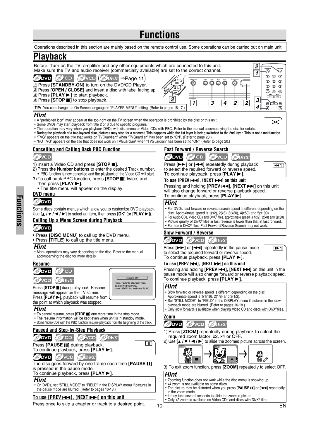 FUNAI MWD7006 owner manual Functions, Playback 