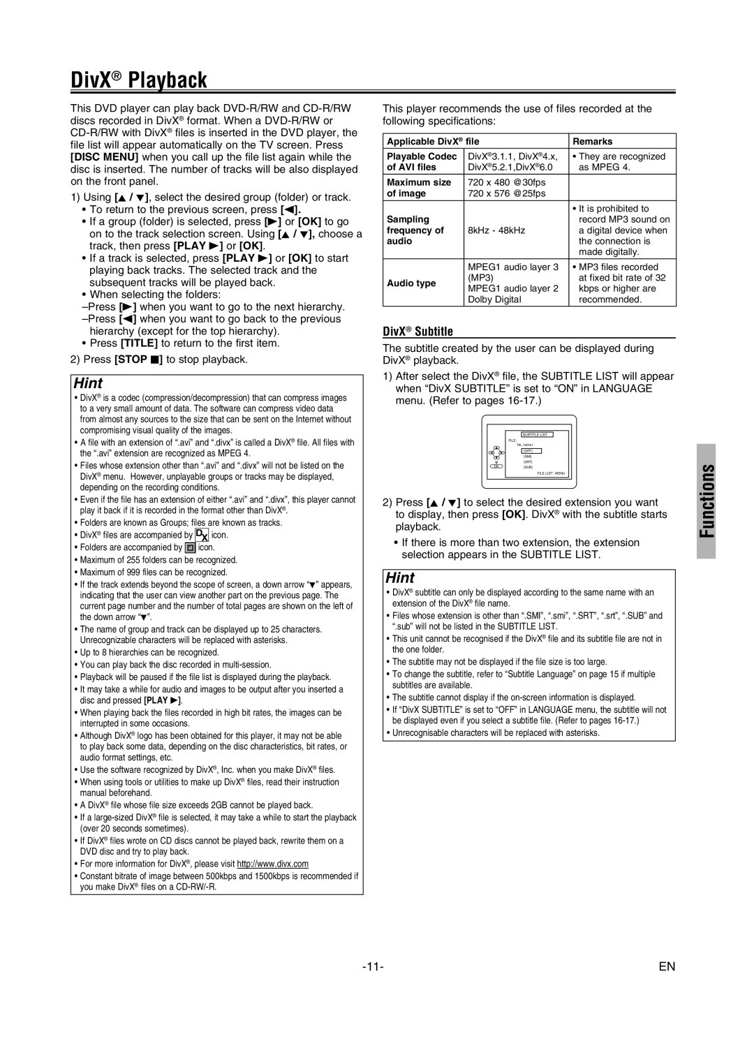 FUNAI MWD7006 owner manual DivX Playback, DivX Subtitle 