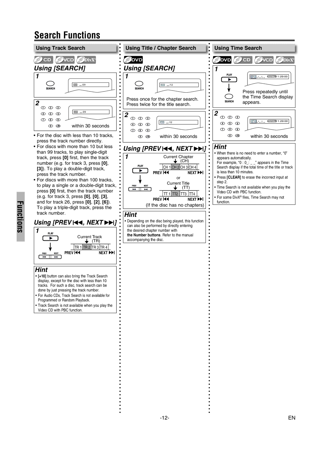 FUNAI MWD7006 owner manual Using Search, Using Prev H, Next G Hint, Using Title / Chapter Search, Using Time Search 