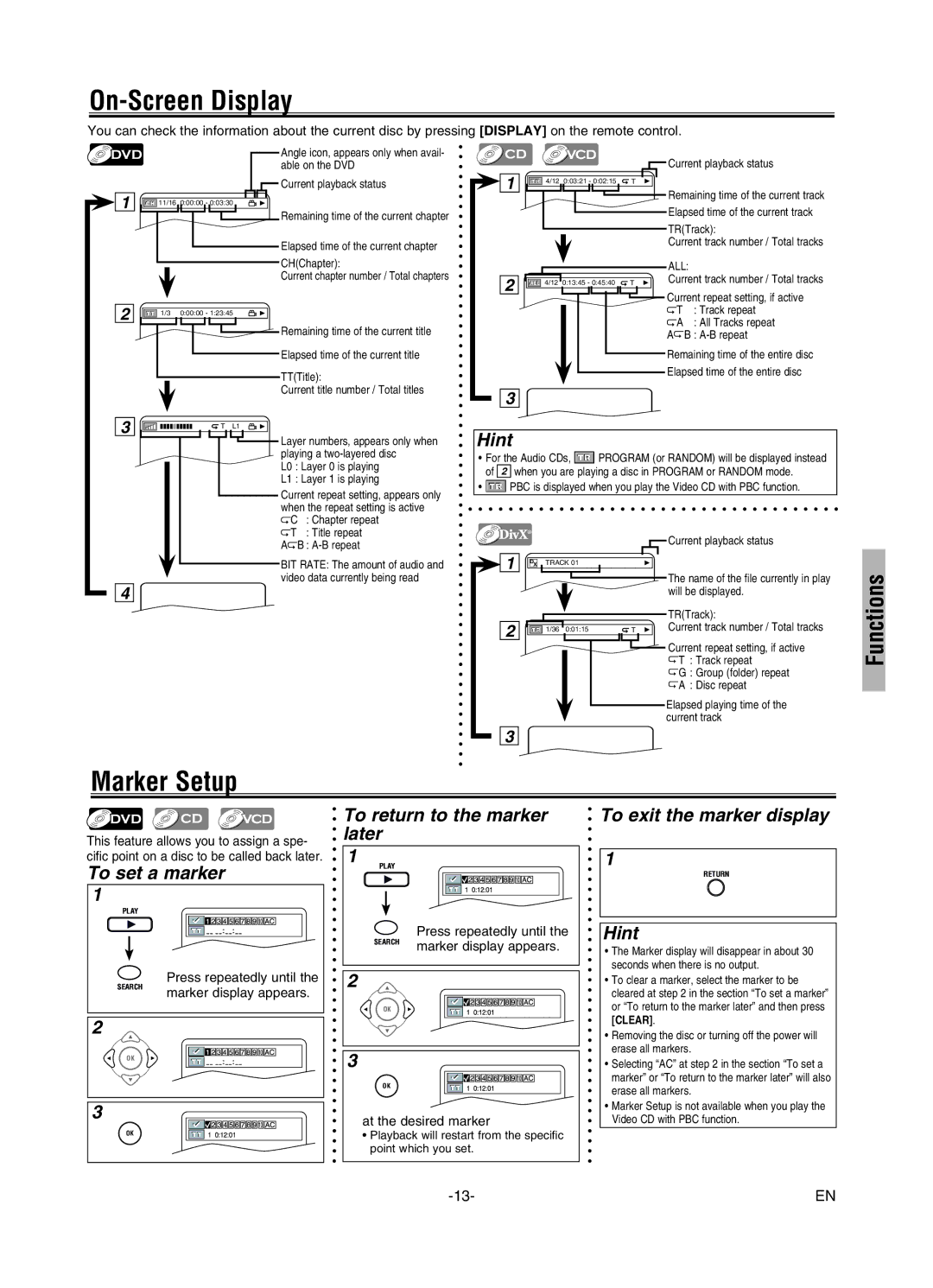 FUNAI MWD7006 On-Screen Display, Marker Setup, To set a marker, To return to the marker later, To exit the marker display 