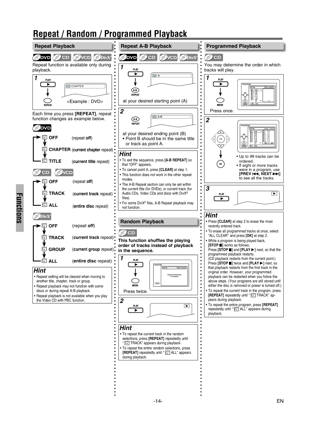 FUNAI MWD7006 owner manual Repeat / Random / Programmed Playback, Repeat Playback, Repeat A-B Playback, Random Playback 