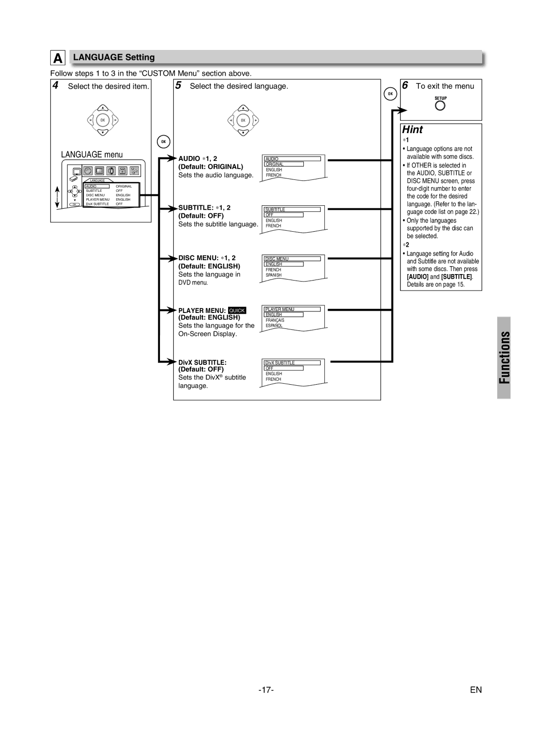 FUNAI MWD7006 owner manual Language Setting, To exit the menu, Subtitle ∗1, Player Menu Quick 