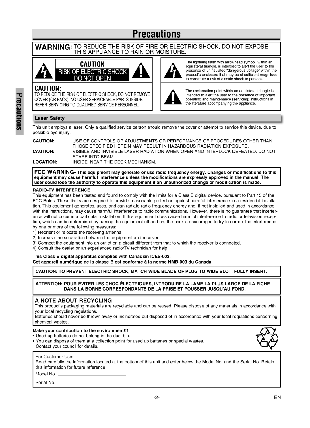 FUNAI MWD7006 owner manual Precautions, Laser Safety, Make your contribution to the environment 