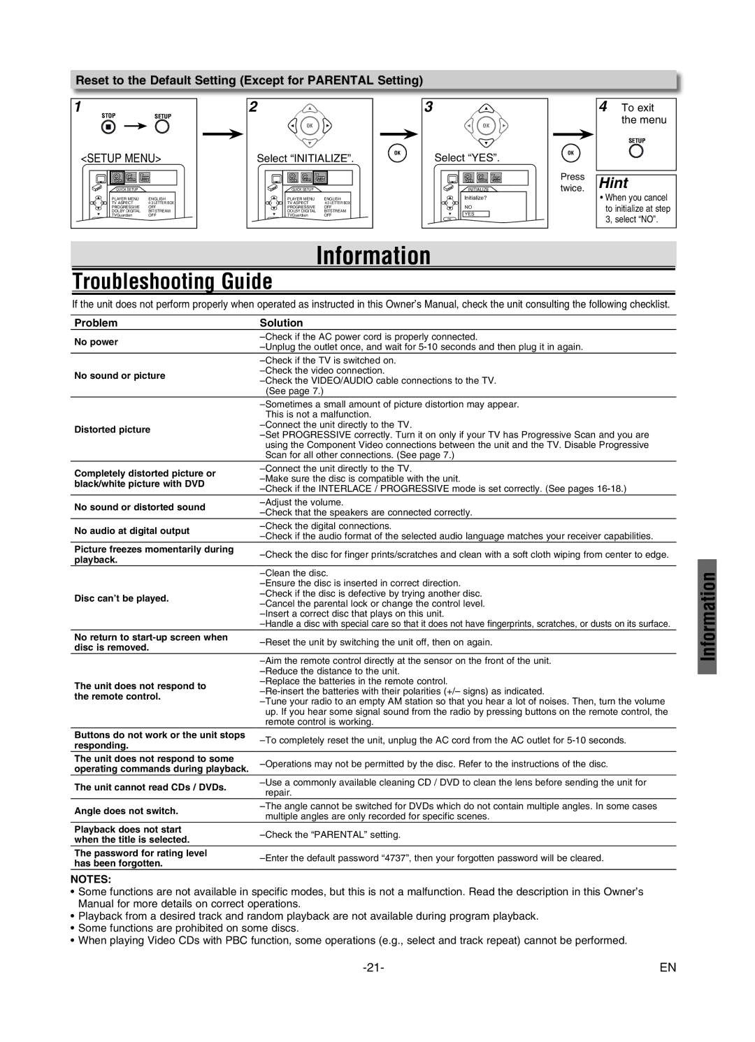 FUNAI MWD7006 Information, Troubleshooting Guide, Reset to the Default Setting Except for Parental Setting, Problem 