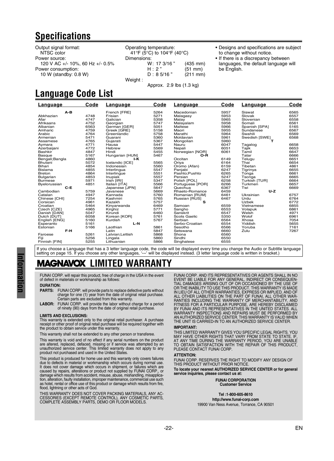 FUNAI MWD7006 owner manual Specifications, Language Code List, Output signal format Operating temperature 