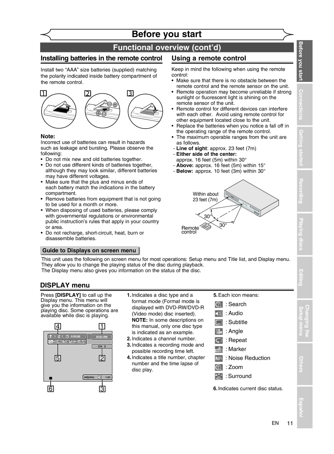 FUNAI MWR10D6 owner manual Installing batteries in the remote control, Using a remote control, Display menu, Editing 