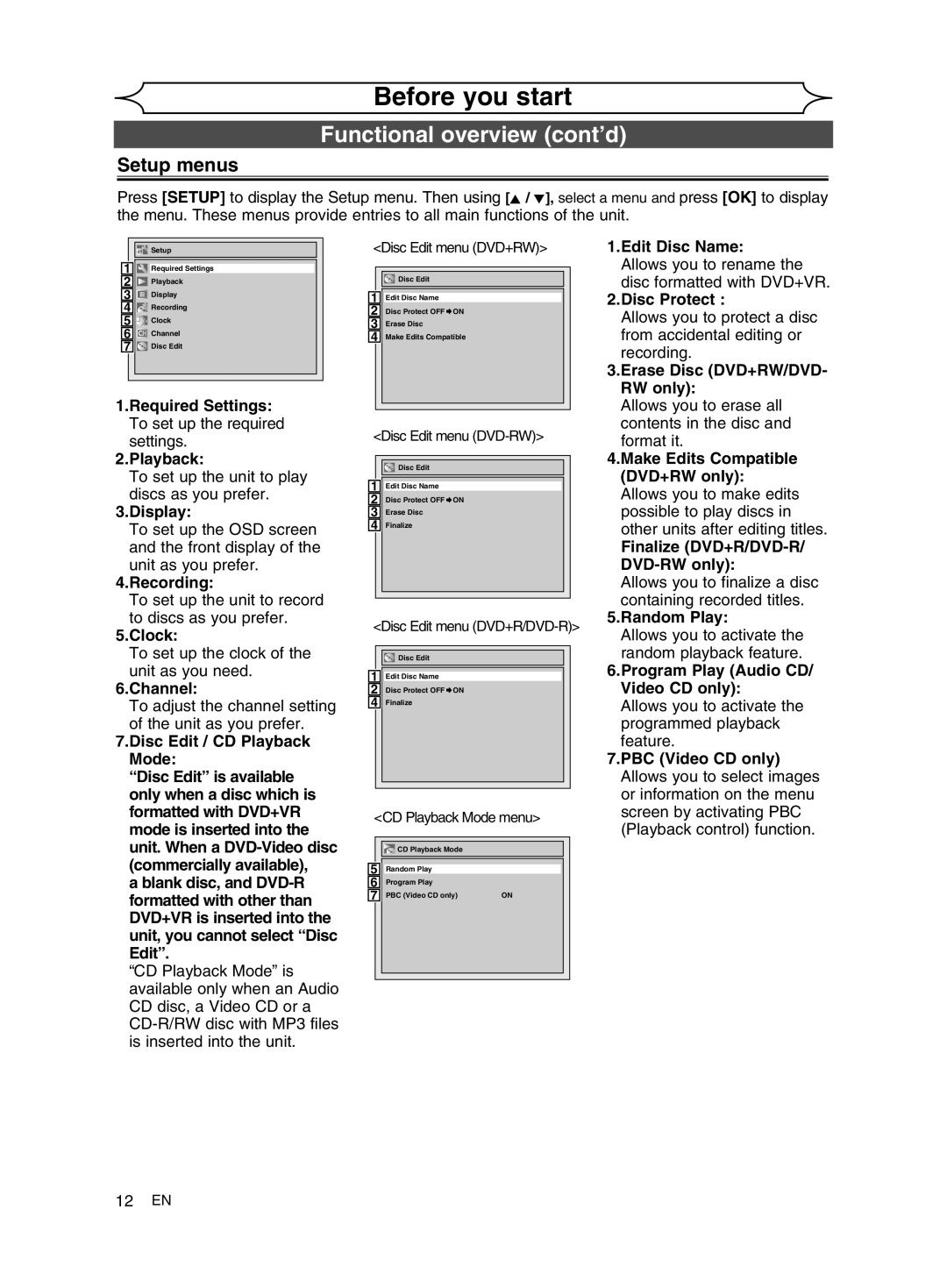 FUNAI MWR10D6 owner manual Setup menus 