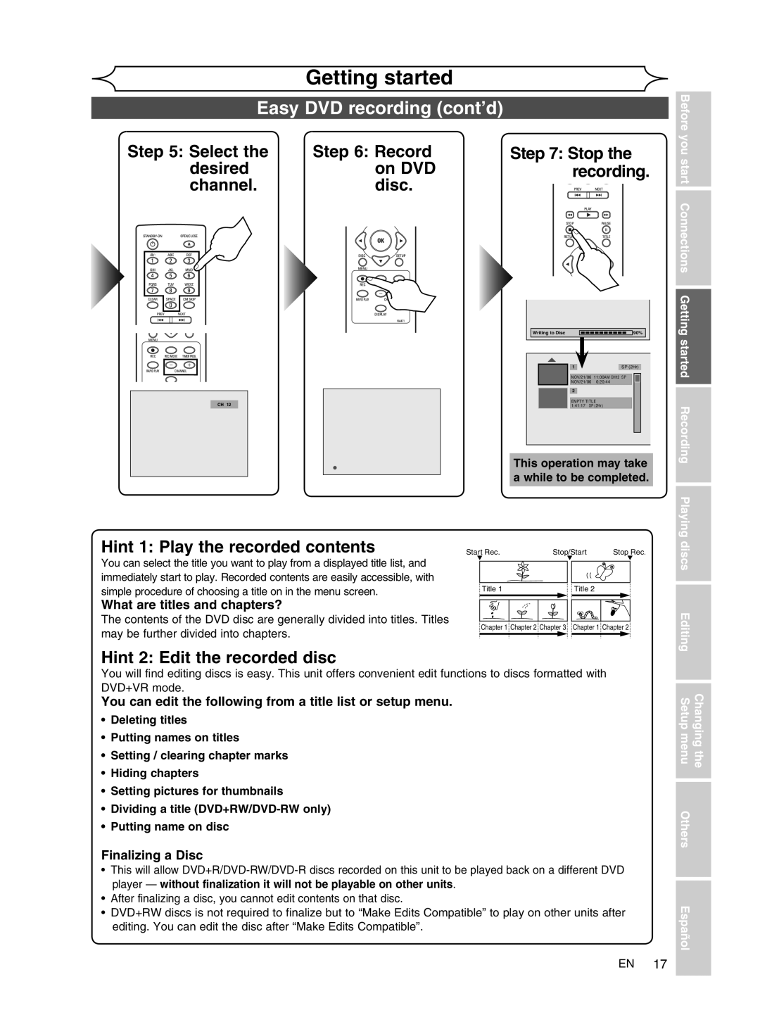 FUNAI MWR10D6 owner manual Easy DVD recording cont’d, Channel Disc 