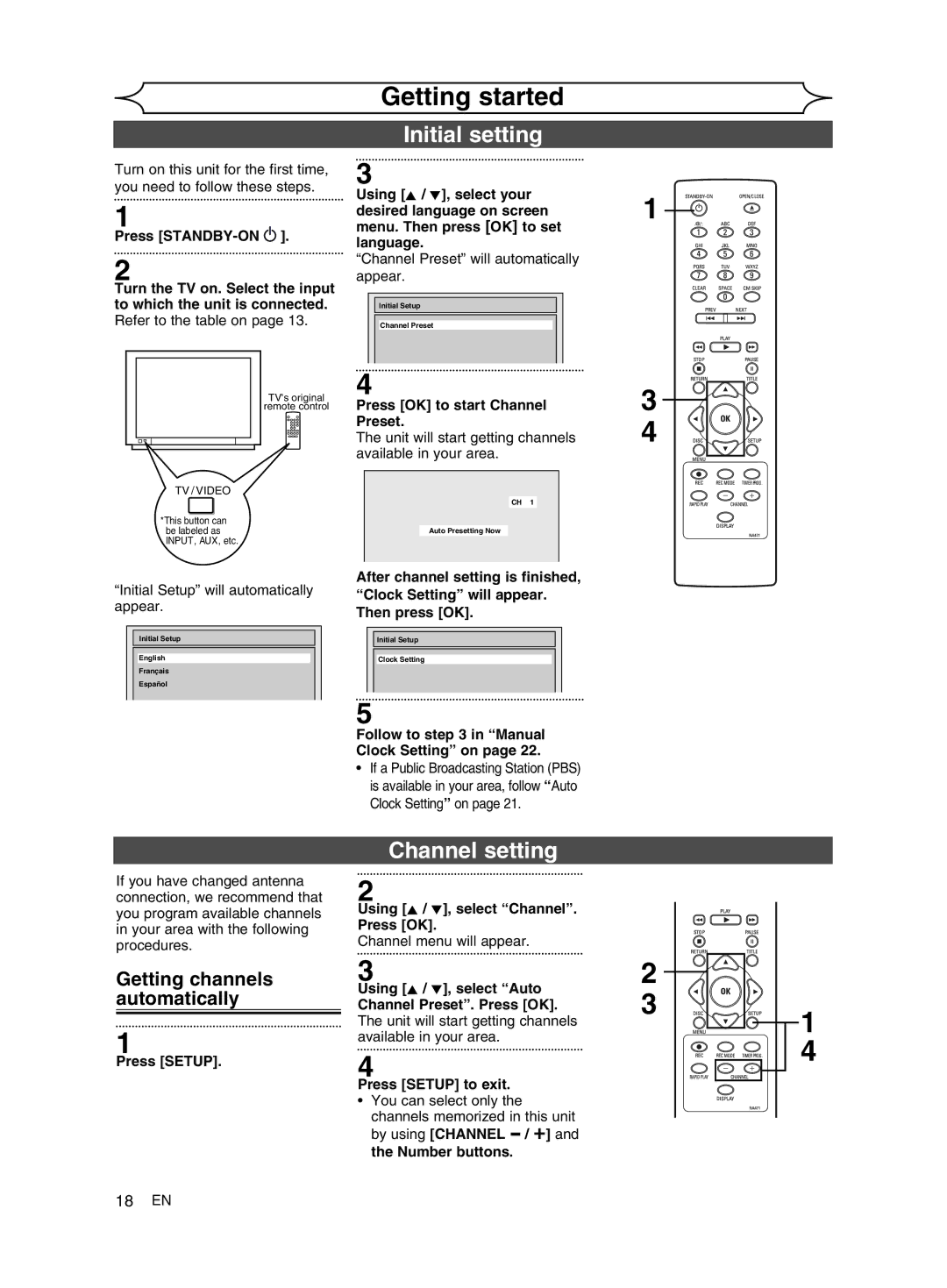 FUNAI MWR10D6 owner manual Initial setting, Channel setting, Getting channels automatically 