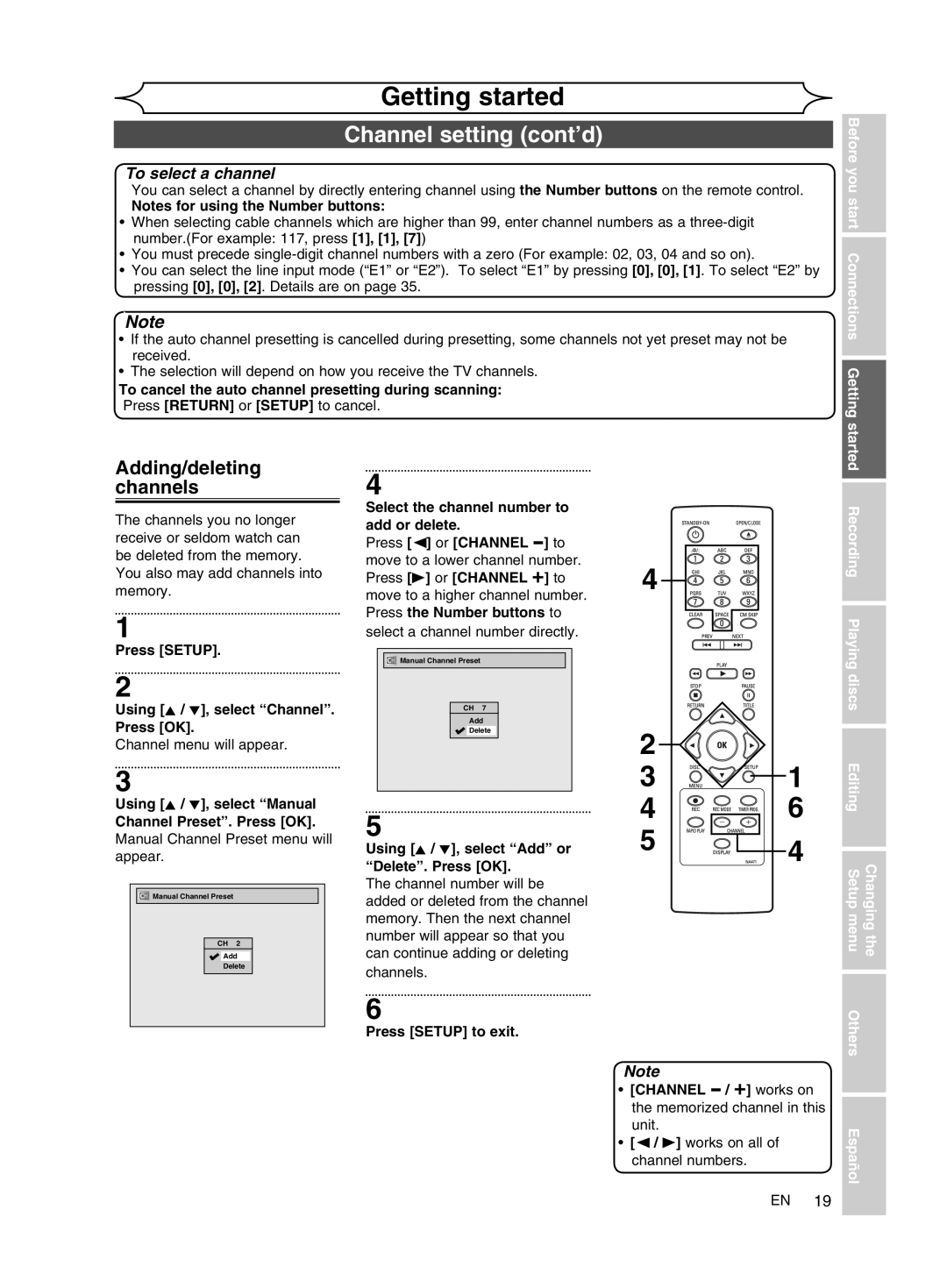 FUNAI MWR10D6 owner manual Channel setting cont’d, Adding/deleting channels 