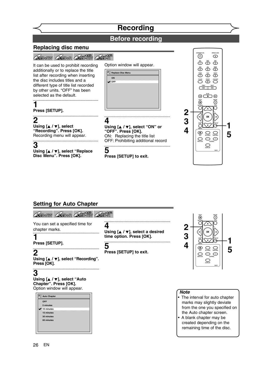 FUNAI MWR10D6 owner manual Before recording, Replacing disc menu, Setting for Auto Chapter 