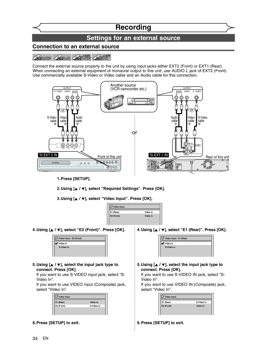 FUNAI MWR10D6 Settings for an external source, Connection to an external source, Using K / L, select E2 Front. Press OK 