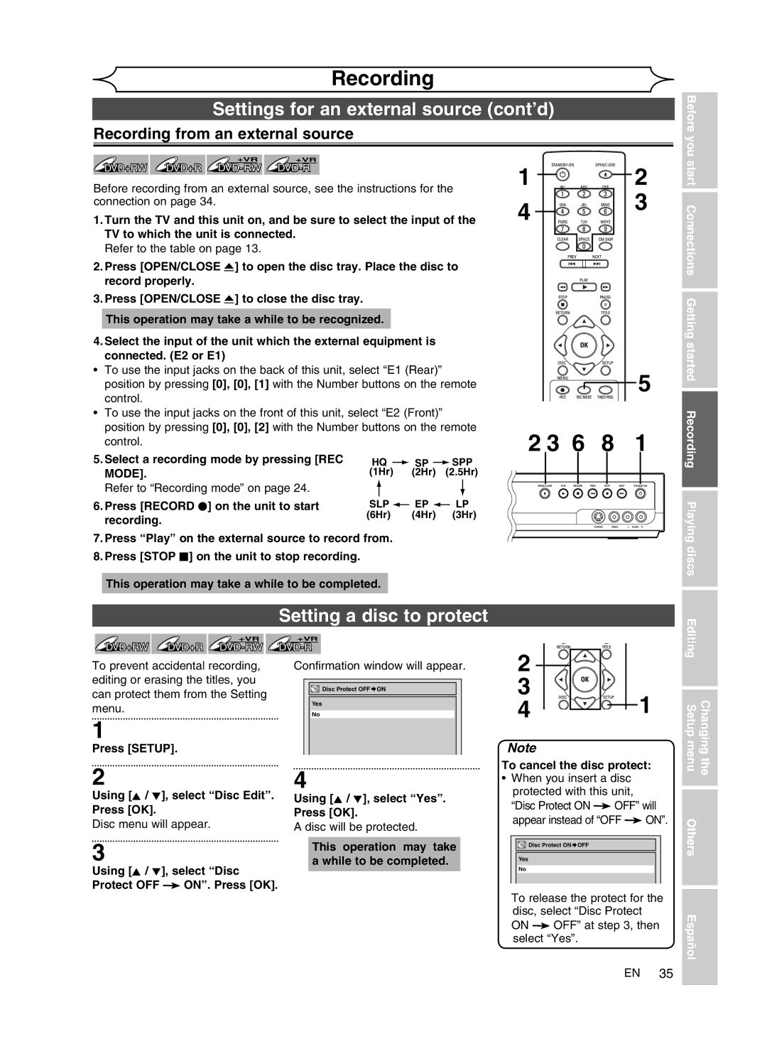 FUNAI MWR10D6 Settings for an external source cont’d, Setting a disc to protect, Recording from an external source 