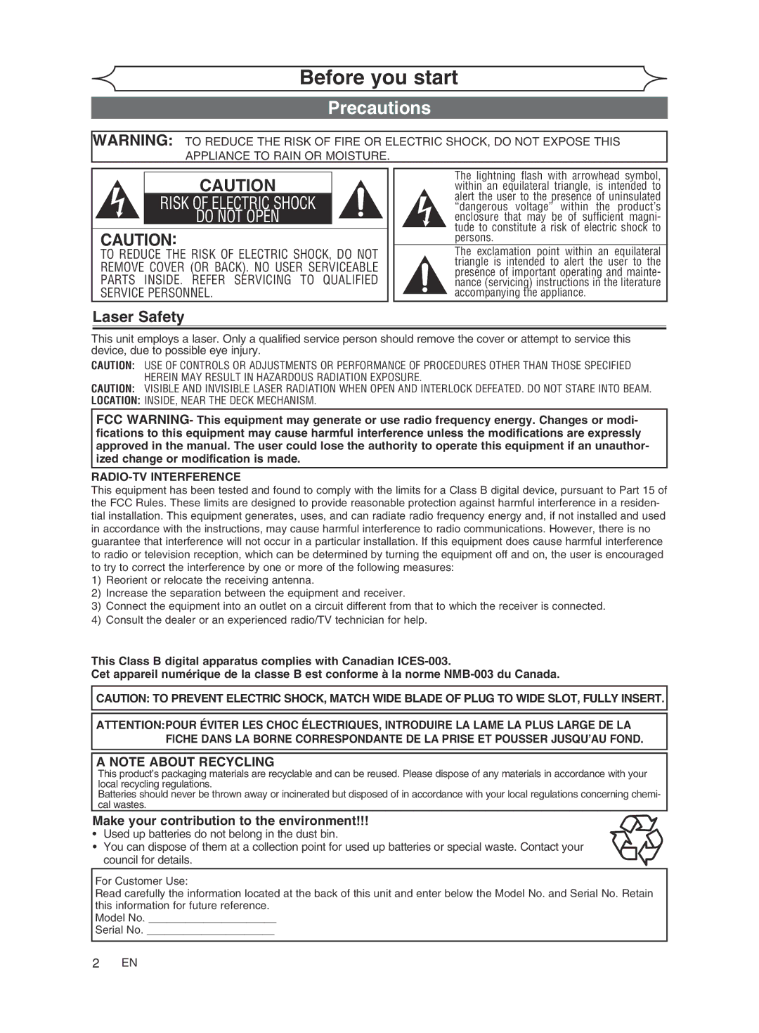 FUNAI MWR10D6 owner manual Before you start, Precautions, Laser Safety, Make your contribution to the environment 