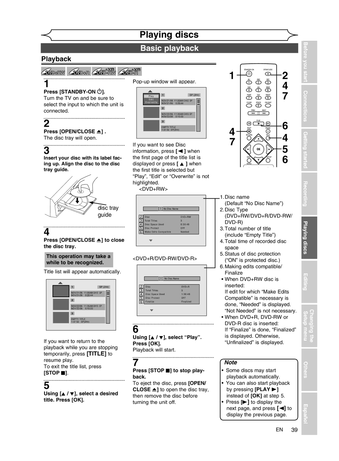 FUNAI MWR10D6 Basic playback, Playback, Using K / L, select a desired title. Press OK, Press Stop C to stop play- back 