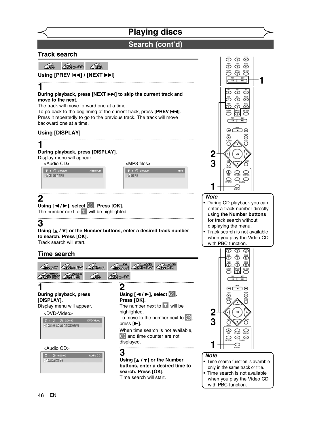 FUNAI MWR10D6 Search cont’d, Track search, Time search, During playback, press DISPLAY. Display menu will appear 