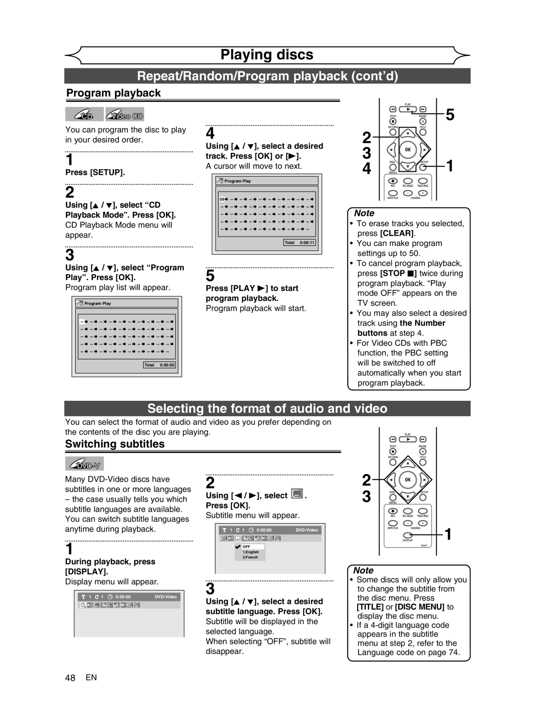 FUNAI MWR10D6 Repeat/Random/Program playback cont’d, Selecting the format of audio and video, Switching subtitles 