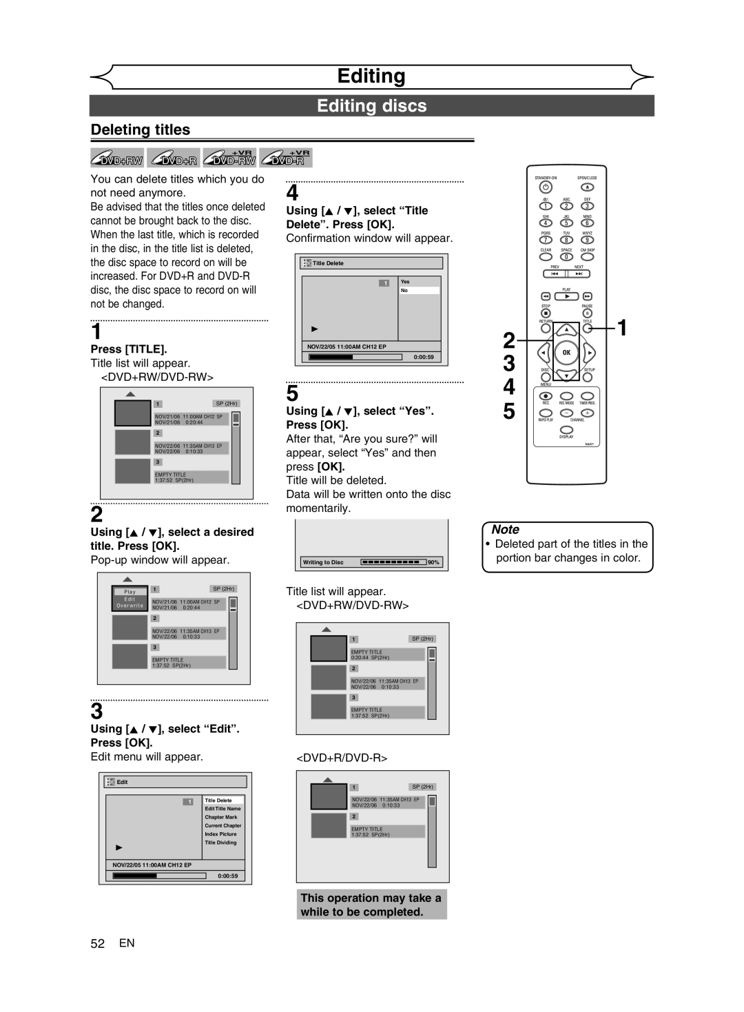 FUNAI MWR10D6 owner manual Editing discs, Deleting titles, Using K / L, select Edit. Press OK 