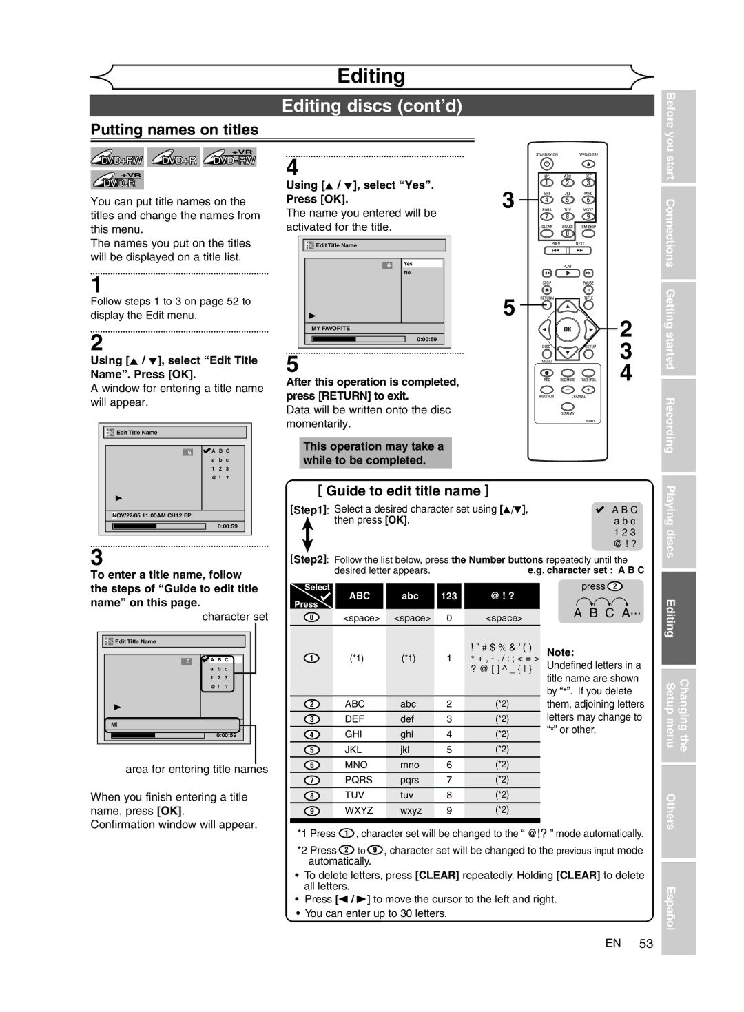 FUNAI MWR10D6 Putting names on titles, Using K / L, select Edit Title Name. Press OK, Using K / L, select Yes Press OK 