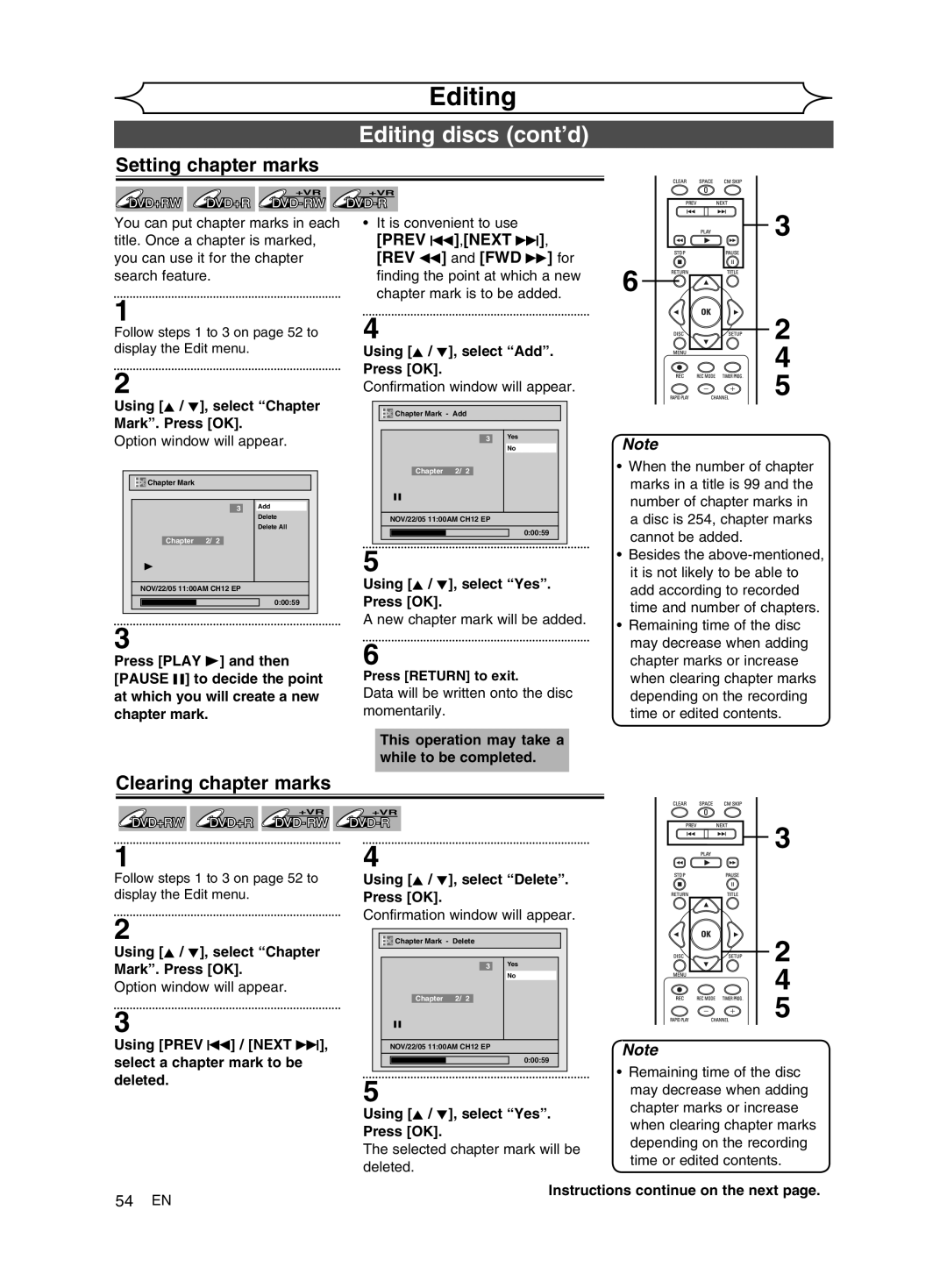 FUNAI MWR10D6 owner manual Editing discs cont’d, Setting chapter marks, Clearing chapter marks 