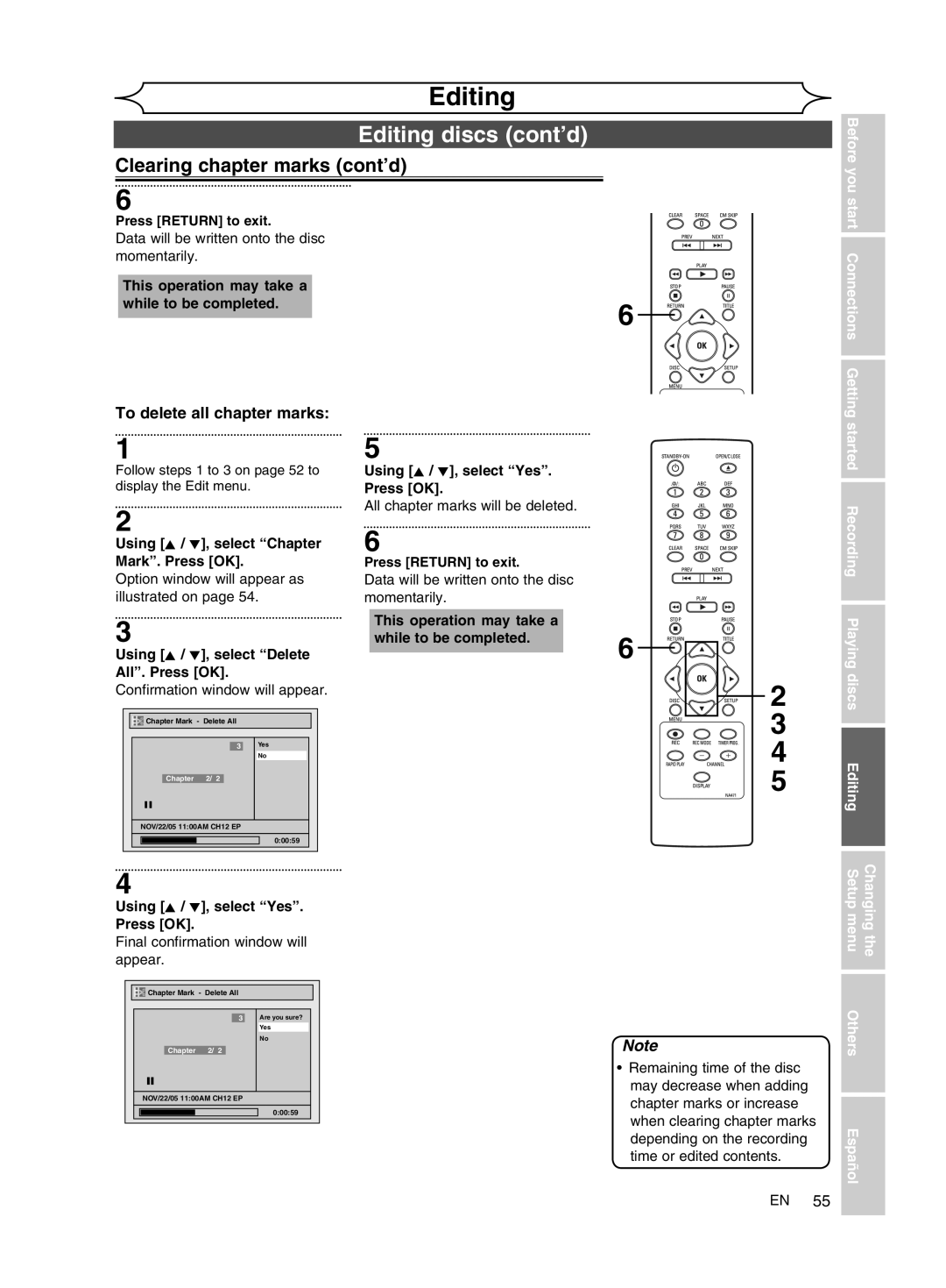 FUNAI MWR10D6 owner manual Clearing chapter marks cont’d, To delete all chapter marks, Before you start Connections Getting 