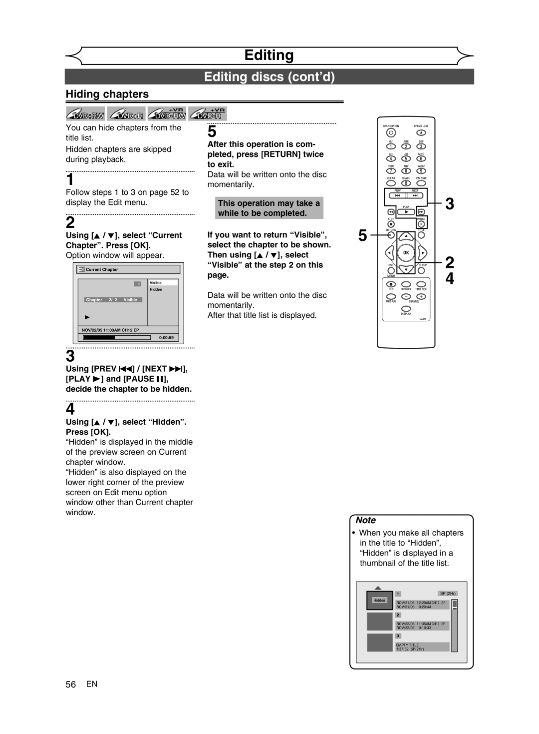 FUNAI MWR10D6 owner manual Hiding chapters, Using K / L, select Current Chapter. Press OK, 56 EN 