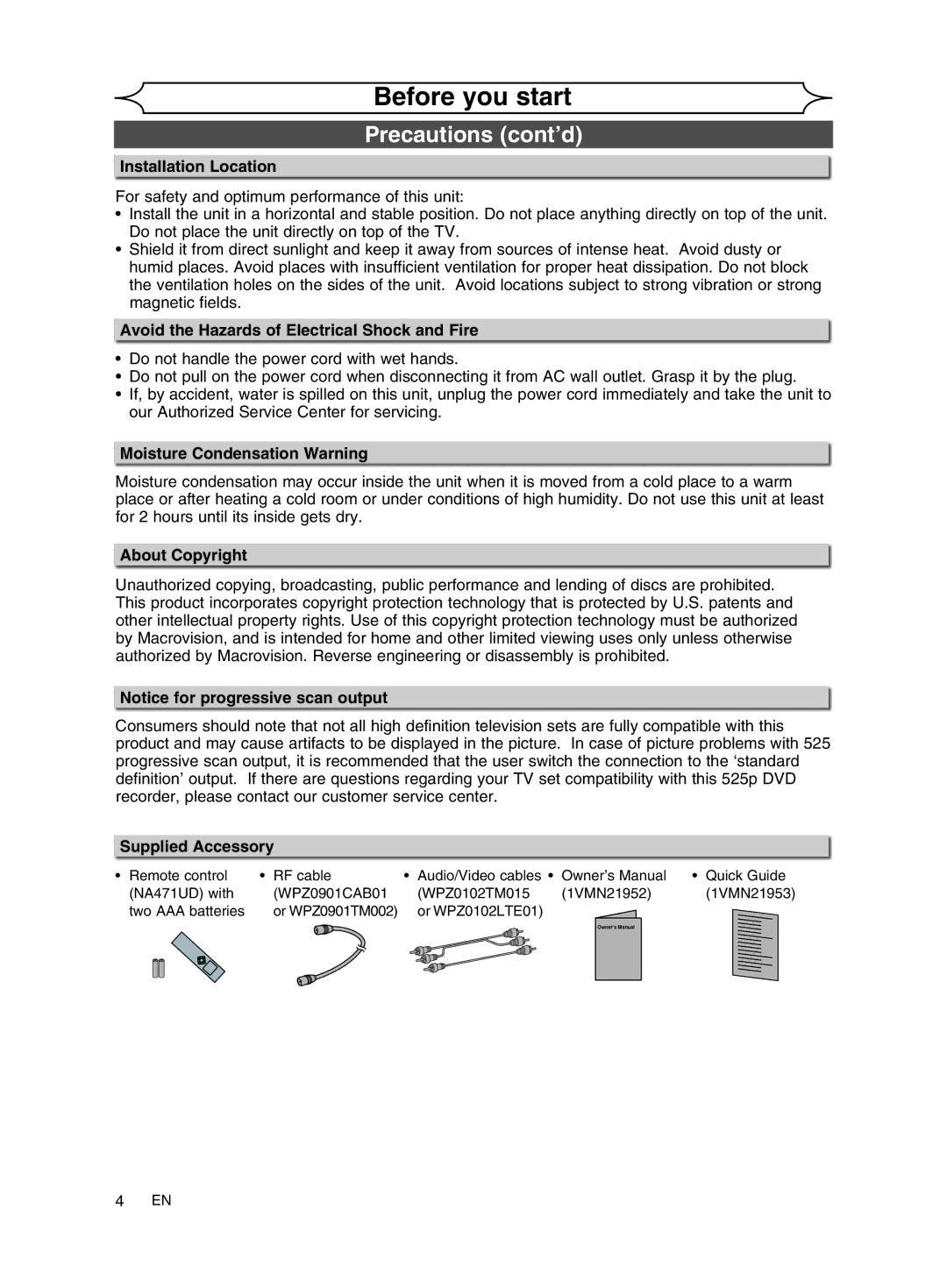 FUNAI MWR10D6 Installation Location, Avoid the Hazards of Electrical Shock and Fire, Moisture Condensation Warning 