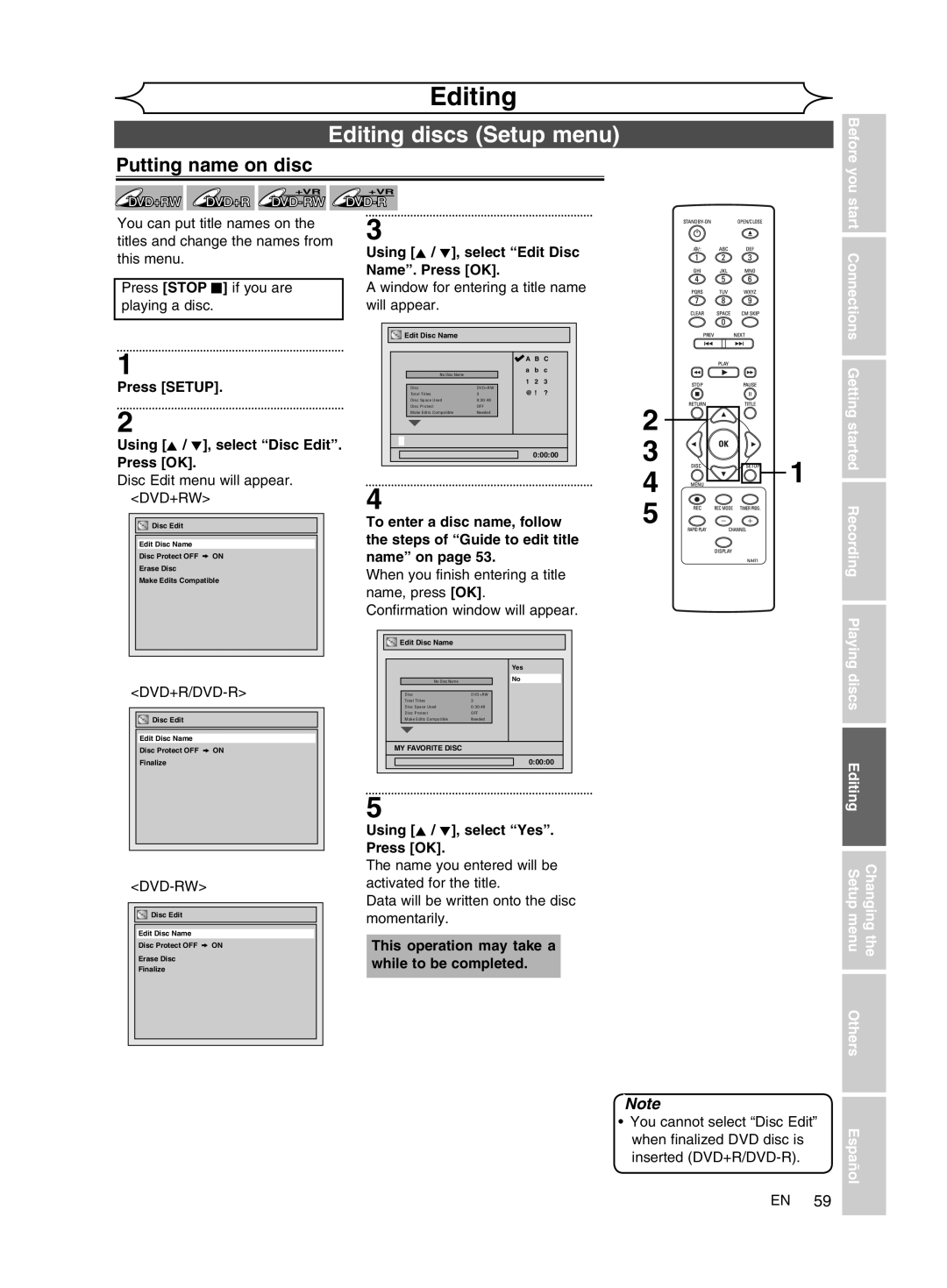 FUNAI MWR10D6 owner manual Editing discs Setup menu, Putting name on disc 