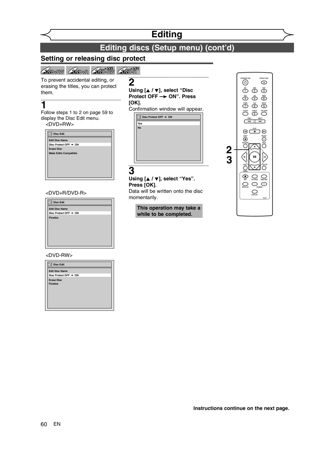 FUNAI MWR10D6 owner manual Editing discs Setup menu cont’d, Setting or releasing disc protect, 60 EN 