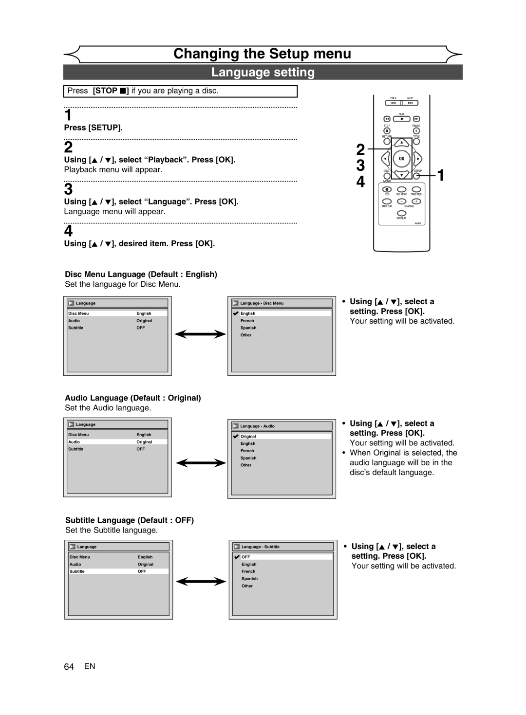 FUNAI MWR10D6 owner manual Language setting 