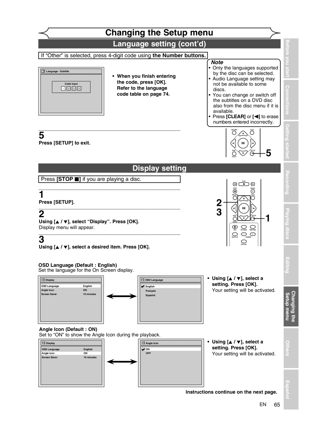 FUNAI MWR10D6 Language setting cont’d, Display setting, Recording Playing Discs, Changing the Editing Setup menu Others 