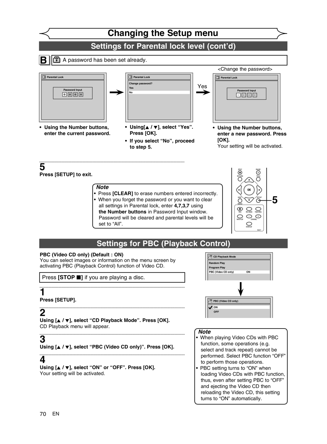 FUNAI MWR10D6 owner manual Settings for Parental lock level cont’d, Settings for PBC Playback Control, Change the password 