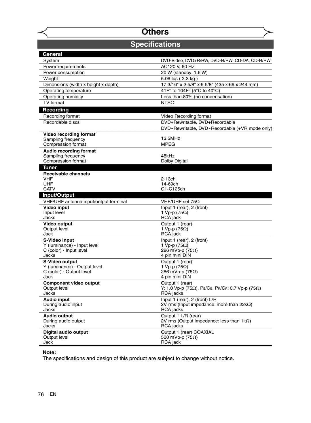 FUNAI MWR10D6 owner manual Specifications, 76 EN 