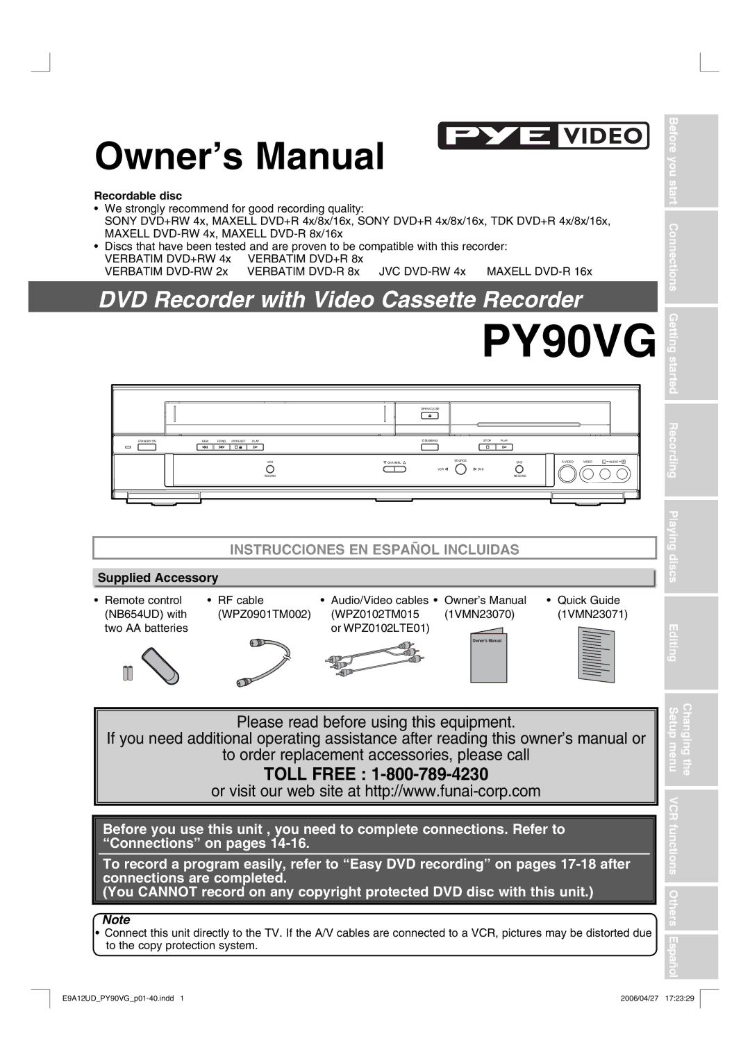 FUNAI PY90VG owner manual Supplied Accessory, Recordable disc, Two AA batteries Or WPZ0102LTE01 