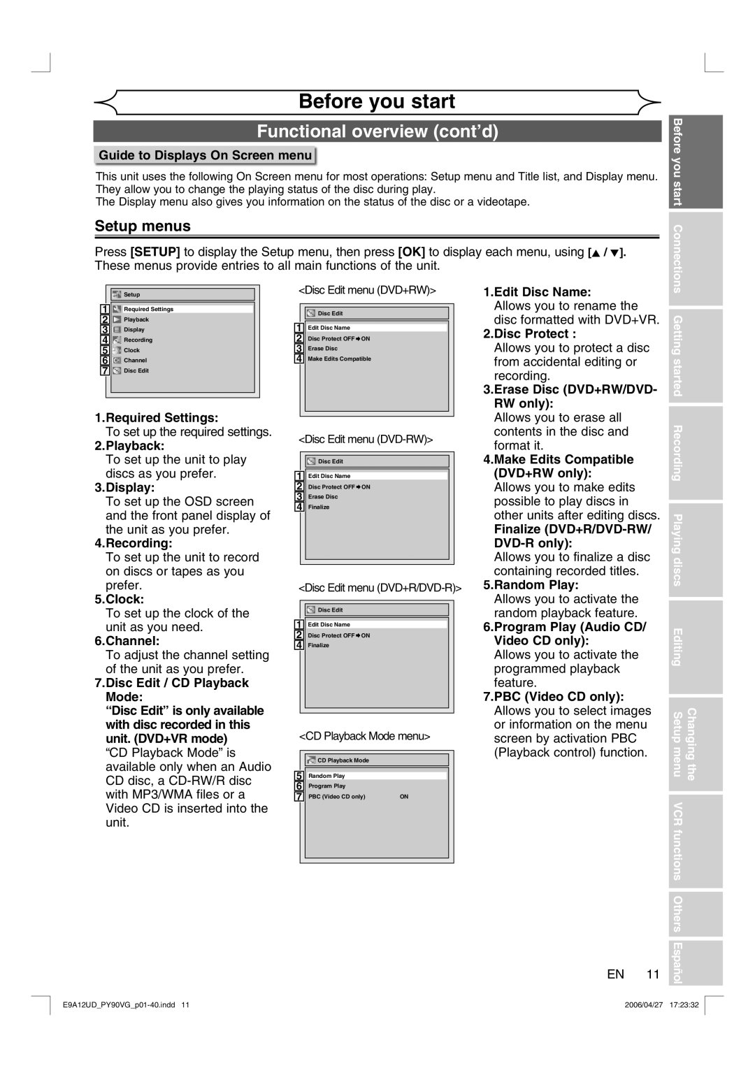 FUNAI PY90VG owner manual Setup menus 