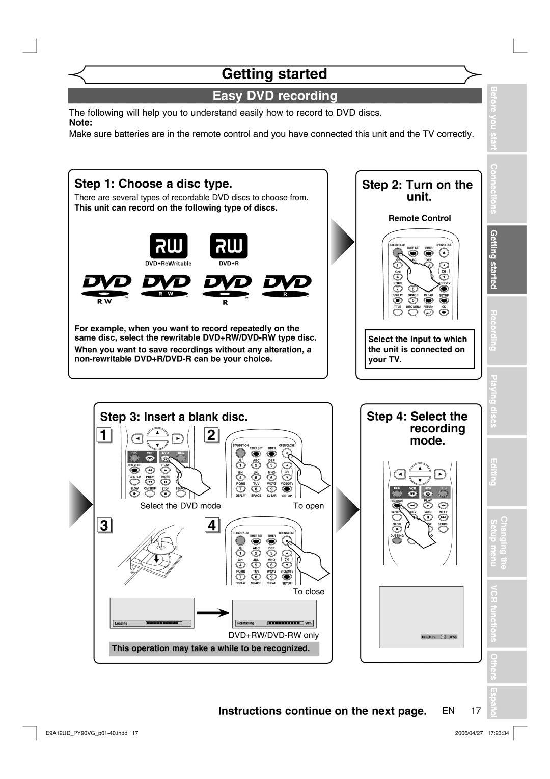 FUNAI PY90VG owner manual Getting started, Easy DVD recording, Instructions continue on the next page. EN 