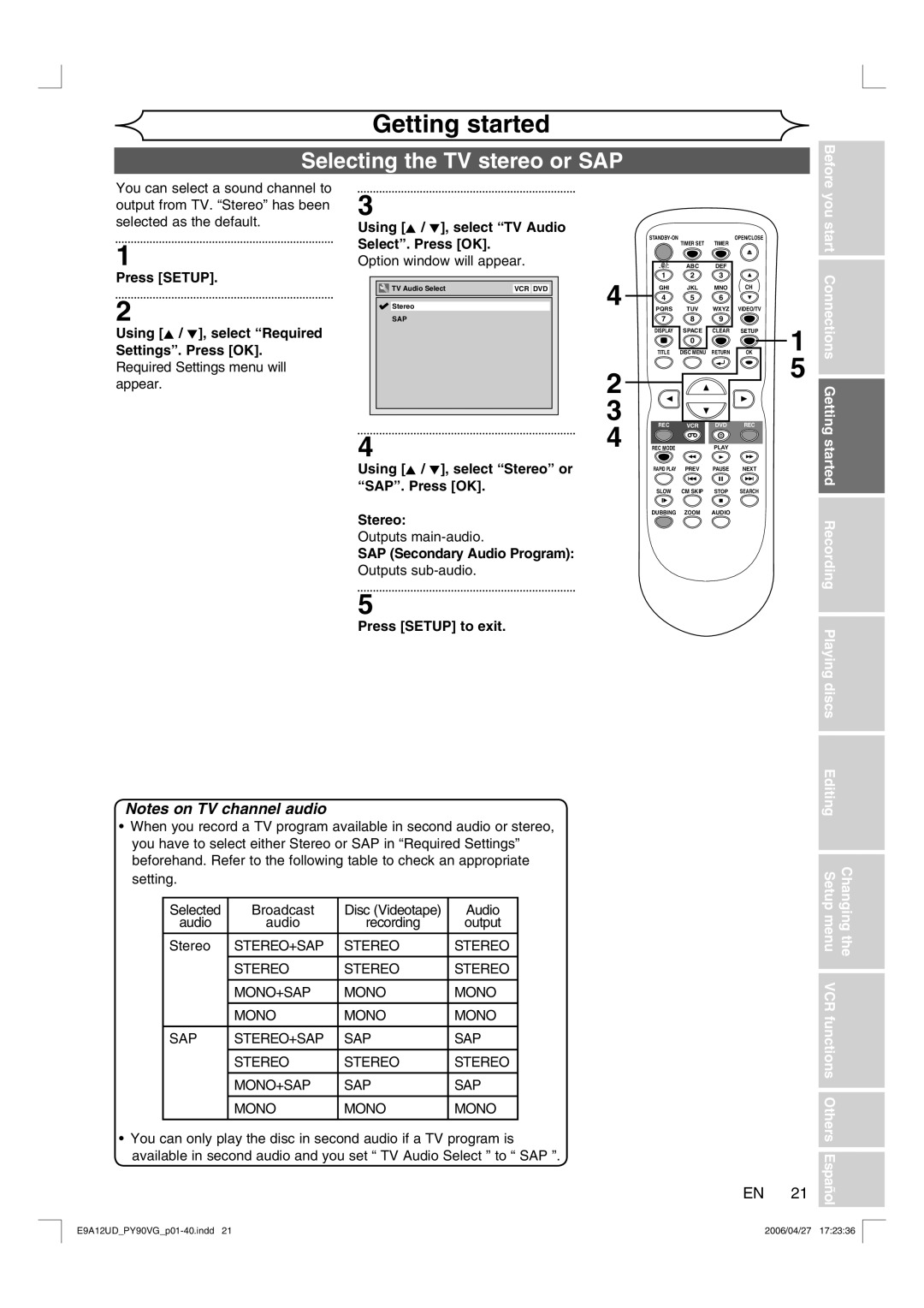 FUNAI PY90VG Selecting the TV stereo or SAP, Press Setup Using K / L, select Required Settings. Press OK, You start 