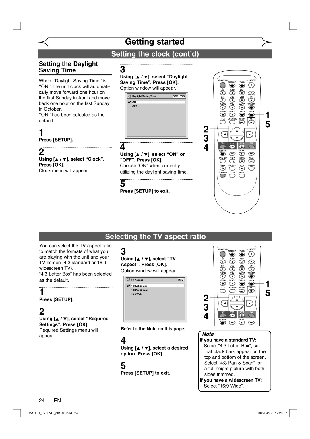 FUNAI PY90VG owner manual Selecting the TV aspect ratio, Setting the Daylight Saving Time, 24 EN 