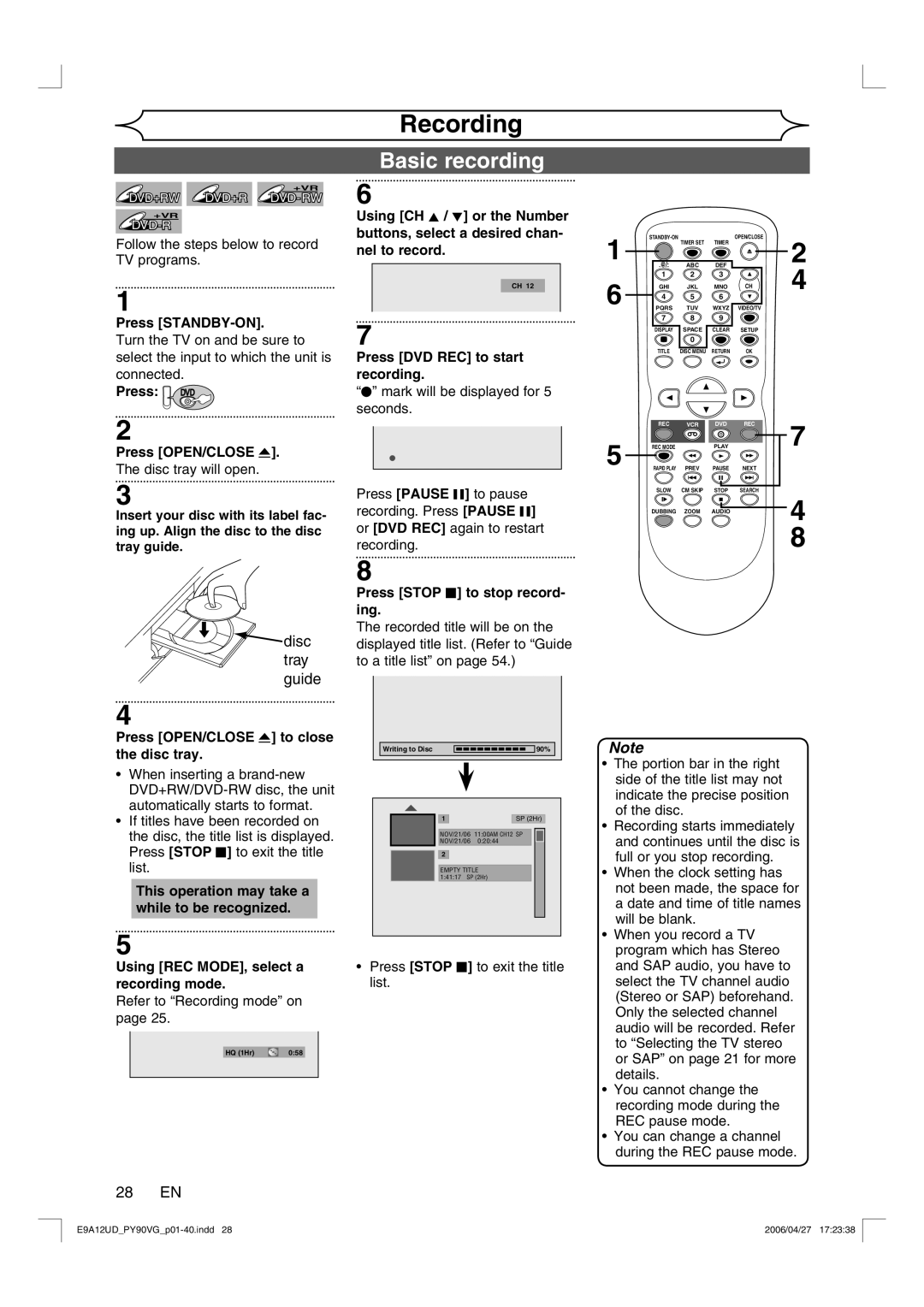 FUNAI PY90VG owner manual Basic recording, Disc tray guide, 28 EN 