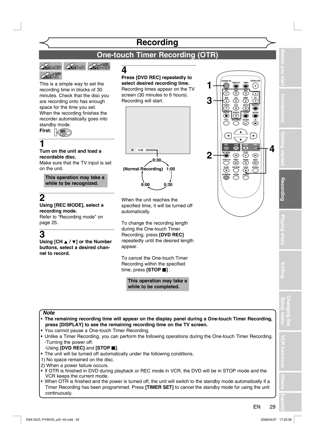 FUNAI PY90VG Press DVD REC repeatedly to, This is a simple way to set Select desired recording time, Standby mode First 