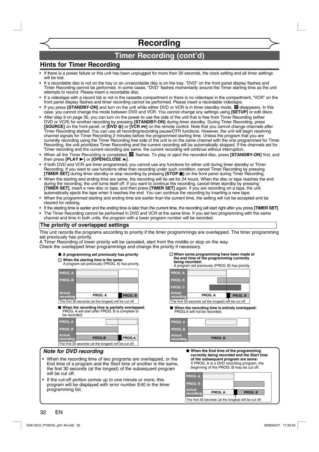 FUNAI PY90VG owner manual Hints for Timer Recording, Priority of overlapped settings, 32 EN 